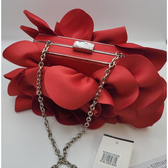 Sondra Roberts Red Evening Flower Purse/Clutch Chain Strap Rhinestone Closure - Picture 8 of 16